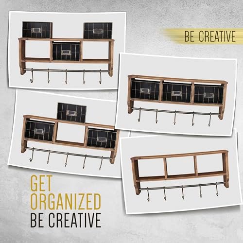 BizChair Wall Mounted Storage Rack - Rustic Brown Solid Pine Wood - 24 Inch - Upper Shelf - 5 Hooks - Wire Baskets - For Entryway, Kitchen, Bathroom - Image 4