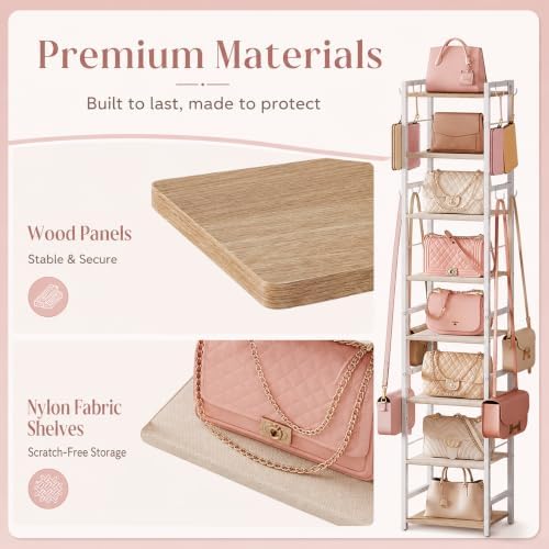 8-Tier Narrow Purse Organizer for Closet, Tall Vertical Purse Rack for Small Spaces, Corner Handbag Storage Display Shelf with Adjustable Fabric Shelves & 8 Hooks for Small & Medium Tote Bags, Bedroom - Image 2