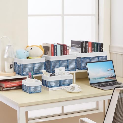 Vagusicc Wicker Storage Basket, 6 Pack Baskets for Organizing, Wicker Baskets with Handle, Rectangular Woven Basket for Storage Shelves, Cube Storage Bins for Closet/Clothes/Dresser, Blue - Image 6