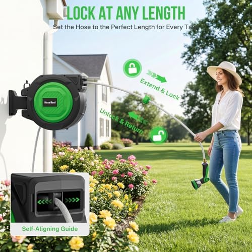 Retractable Garden Hose Reel, 1/2 in x 100 ft Automatic Slow Rewind System & Any Length Lock, Heavy Duty Wall-Mounted Hose Reel with 180° Swivel Bracket,10-Pattern Nozzle for outside Watering,Cleaning - Image 3