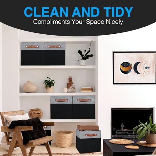 13x13 Storage Cubes - 6 Pack - Linen Fabric 13 Inch Cube Storage Bins for Bedroom, Living Room, Clothes and Toys; Foldable, Dual Leather Handles - Image 6