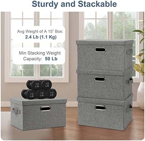 Graciadeco Medium 15" 21 Quart Collapsible Stackable Storage Bins with Lids, 5 Packs Grey Foldable Fabric Closet Boxes Heavy-duty Linen Cube Baskets Container for Bedroom Office (15 x 11 x 8) - Image 5