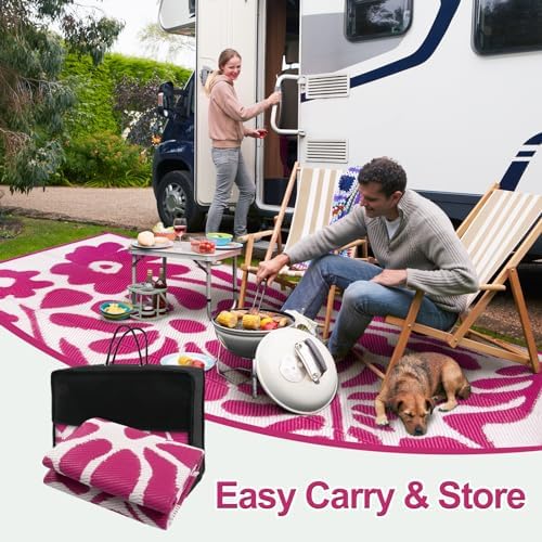 Wonnitar Outdoor Rugs 8x10,Plastic Outdoor Waterproof Patio Rugs Clearance,Reversible Large Outside RV Camping Mat,Portable Abstract Plant Lightweight Carpet for Backyard Deck Park (Pink, 8'x10') - Image 5