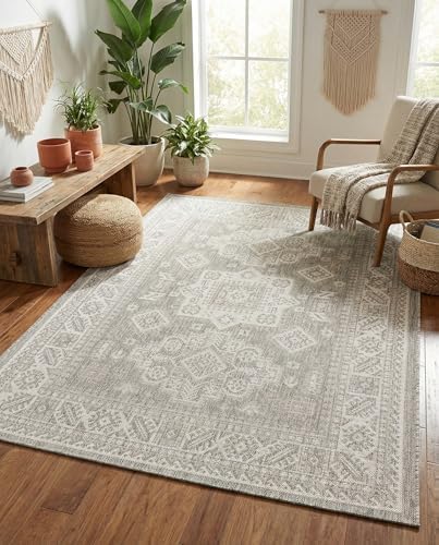 Rugs.com - Outdoor Aztec Rug – 5' 3 x 7' 1 Light Gray Indoor/Outdoor Rug – Washable, Stain-Resistant for Patios, Decks, and Porches by Rugscom