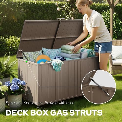150 Gallon Outdoor Storage Box with Wheels, Metal Deck Boxes,Brown - Image 3