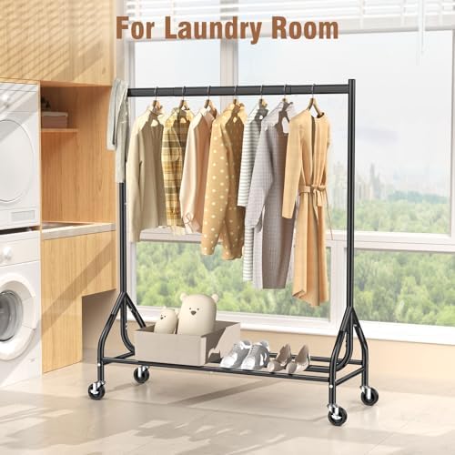 EAGMAK Heavy Duty Clothes Rack Load 420 LBS, 47.2" Long Rolling Garment Rack with Lockable Wheels, Standing Metal Clothing Hanger, Portable Wardrobe Sturdy Coat Organizer for Hanging Clothes (Black) - Image 6