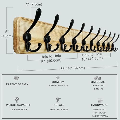 Dseap Coat Rack Wall - Heavy-Duty 38-1/4" Long, with Reinforced 10 Custom Tri-Hooks, Solid Wood Wall Hanger for Coats Hat Jackets - Rustic Farmhouse Entryway Hallway Storage, Light Brown & Black - Image 6