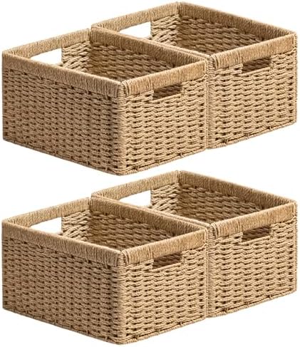 UBBCARE 4 Pack Wicker Basket, 13.4L×8.3H×7.1W inch Woven Paper Rope Storage Baskets for Shelves, Foldable Rectangular Storage Baskets with Handle, Storage Basket for Organizing, Natural by UBBCARE