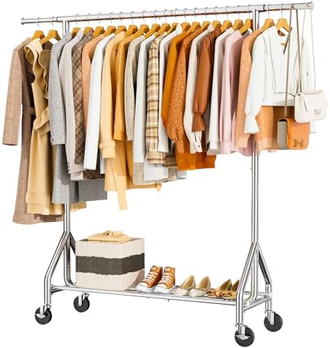 HYSEYY Heavy Duty Clothes Rack Load 450 LBS, Metal Garment Rack, Standing Rolling Clothing Rack for Hanging Clothes with Sturdy Wheels & Shelves, Portable Closet Wardrobe Rack,Sliver by HYSEYY