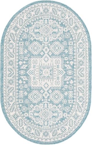 Rugs.com - Outdoor Aztec Rug – 3' 1 x 5' 3 Oval Aqua Indoor/Outdoor Rug – Flatweave Washable Area Rug for Patios, Decks, and Porches - Image 3