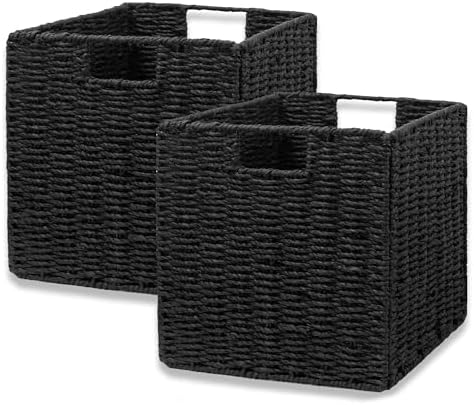 Vagusicc Storage Basket, Set of 2 Hand-Woven Storage Baskets for Organizing with Handles, Foldable Cube Storage Baskets Bins Organizer, 13 inch Large Wicker Baskets for Shelves & Decor, Black by Vagusicc