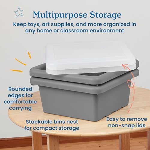 ECR4Kids Stackable Square Bins with Non-Snap Lids, Multipurpose Organization, Grey, 2-Pack - Image 4
