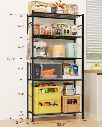 Sakugi 5-Tier Storage Shelves with 6 Hooks, 33.2" x 12.7" x 71.1", Black - Image 3