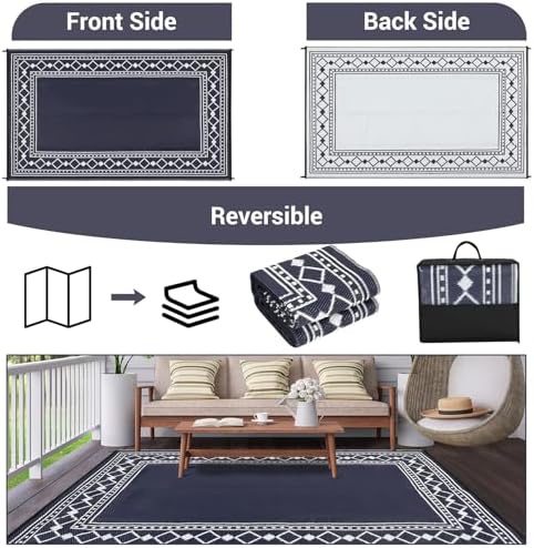 GlowSol 8x10 Waterproof Outdoor Rug Reversible Plastic Area Rug, Portable RV Camping Mat for Patio Deck Backyard Porch Balcony Beach Stain Resistant Outdoor Floor Carpet for Outside, Dark Blue/White - Image 6
