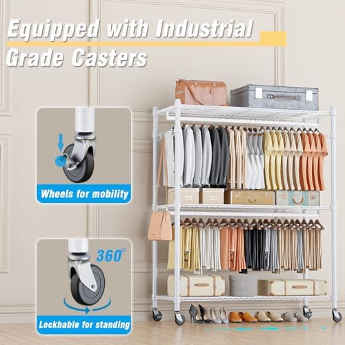 Homdox 3 Tier Garment Rack with Wheels, Portable Closets for Hanging Clothes Heavy Duty, Closet Racks and Shelving with Double Hanger Rods & Side Hooks, White - Image 6