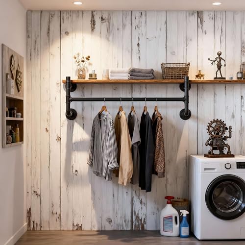WEBI Wall Mounted Clothes Rack with Shelf,36" Industrial Pipe Clothing Rack with Shelf with Hanging Rod,Heavy Duty Iron Garment Rack Bar,Retail Display Clothes Rod for Laundry Room,Closet,Black - Image 4