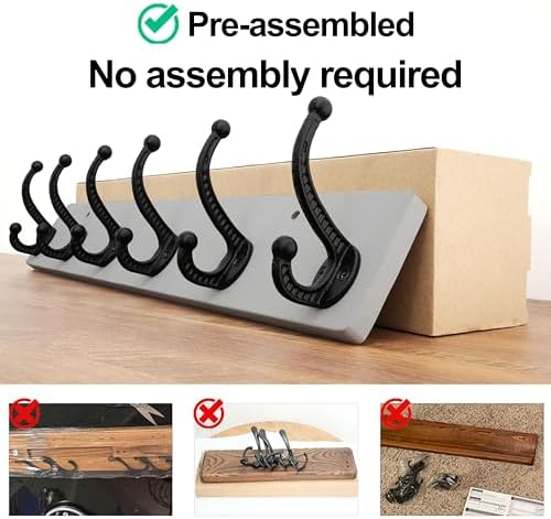 WEBI Rustic Coat Rack Wall Mount,24" Long 6 Cast Iron Coat Hooks Wall Mounted,Heavy Duty Wood Wall Coat Hanger Hooks for Hanging Coats,Jacket,Clothes,Backpack,Farmhouse,Gray,2 Packs - Image 4