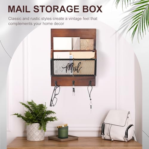 Yalikop Farmhouse Mail Organizer Wall Mounted Rustic Mail Holder Hanging Key Sorter with 3 Hooks Indoor Wooden Wall Mounted, Letter, Magazines, Newspapers, Keys (Classics,Dark Brown) | Wall Mounted Rustic Wooden Mail Organizer with Metal Mesh, Hanging ... - Image 5