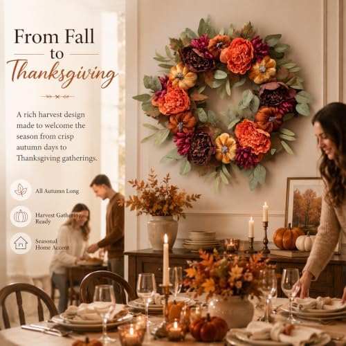 26 Inch Fall Wreaths for Front Door, Velvet Pumpkin Wreath - Image 5