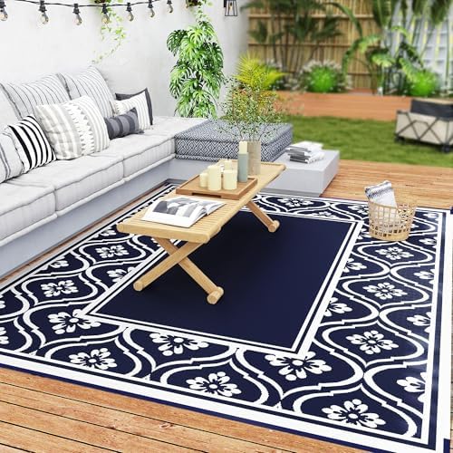 Outsunny Outdoor Rug for Patio Waterproof 9' x 10' Blue & White Gourd by Outsunny