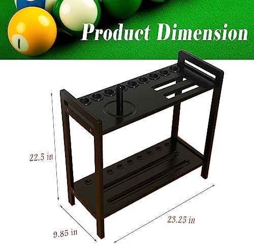 Pool Stick Holder Floor Stand Holds 9 Cues & Pool Table Accessories. Wooden 2-Tier Cue Stick Storage with Ball Rack Hangers, Billiard Cone Chalk Holder or Drink Pads - Image 3