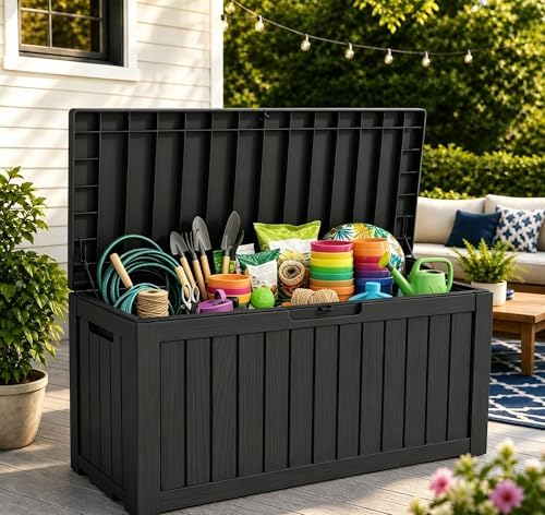 LAUSAINT HOME 230 Gallon Resin Deck Box, Package Delivery Box with Lockable Lid, Waterproof Outdoor Storage Box For Garden Tools, Patio Cushions(230 Gallon,Black) - Image 6