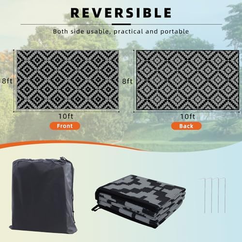 Favoyard Outdoor Rug Black & Grey 8x10 ft Waterproof Reversible Carpet Mat - Image 2