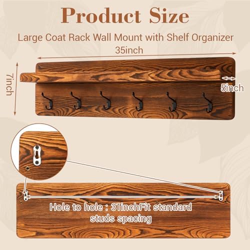 Geelin 35 Inch Wall Shelf with Hooks and Shelf Organizer Wall Mount Coat Rack with 6 Hooks for Hanging for Entryway, Hallway, Bathroom, Living Room, Bedroom - Image 2