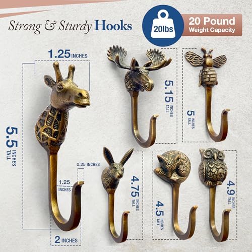 Cast Iron Animal Entry Hooks (Set of 6 Hooks) Unique Large Farmhouse Decorative Wall Hooks, Vintage Decor for Hanging Coats, Bags, Hats, Towels (Antique Bronze) - Image 3