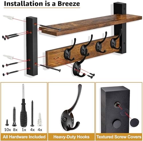 Sorbus Coat Rack Wall Mount with Shelf (Rustic Brown, 24 Inch) - Image 5