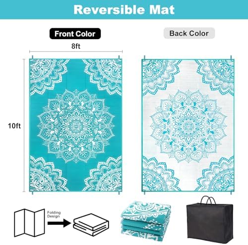Yamaziot Waterproof Outdoor Rug 8x10 ft, Reversible Plastic Straw Rug for Patio Clearance, Camping, RV Mat, Large Outside Rug Carpet for Porch, Deck, Backyard, Balcony, Picnic (Blue) - Image 2