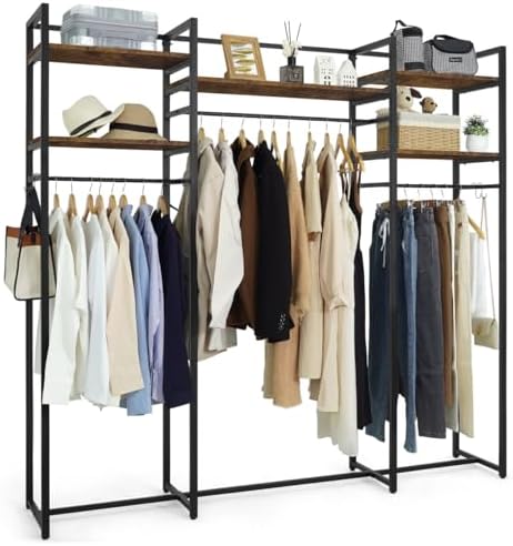 CAPHAUS 913lbs Capacity Garment Rack for Hanging Clothes, Heavy Duty Open Wardrobe w/Hanging Rods, Free Standing Closet Organizer, Clothing Rack, Metal Closet w/Wooden Boards, Rustic Oak Board by CAPHAUS