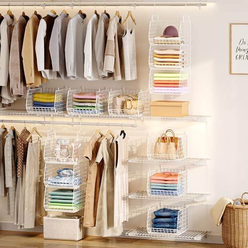 4" Extra Deeper Foldable Hanging Closet Organizer, Small Wire Cabinet Shelves and Storage with 5 S Hooks,4 Tier Metal Basket Bins for Clothes Sweaters Handbags, Wardrobe for Kitchen Laundry Room，White - Image 2