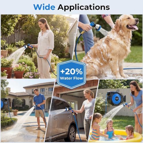 Retractable Garden Hose Reel, 1/2 Inch x 100 ft + 6.6 ft Heavy Duty Wall Mounted Hose Reel with 10 Patterns Nozzle, Any Length Lock, Upgraded Slow Return System, 180°Swivel Bracket and UV Resistant - Image 7