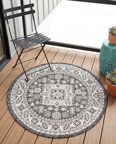Rugs.com - Outdoor Aztec Rug – 3 Ft Round Charcoal Gray Indoor/Outdoor Rug – Durable for Patios, Decks, and Porches - Image 6