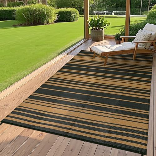 Outdoor Plastic Straw Rug 9x18 Waterproof Outside Rug, Large Modern Striped Reversible Floor Mats, Foldable & Lightweight Camping Carpet for Patio, Porch, Deck, Backyard, Balcony, Black Brown - Image 2
