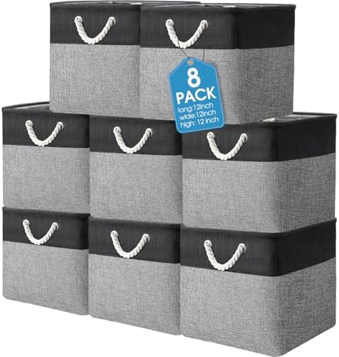 meekoo 8 Pack Fabric Storage Bins Baskets, 12 x 12 x 12in, Black Gray by meekoo