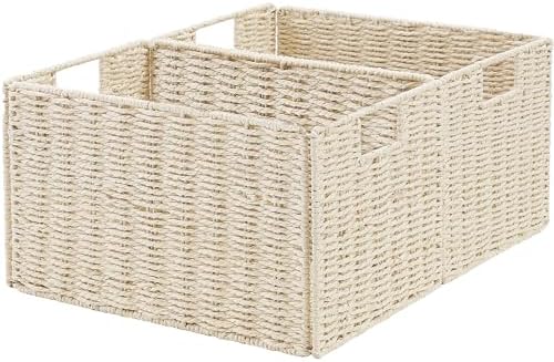 Vagusicc Wicker Storage Basket, Set of 2 Hand-Woven Paper Rope Wicker Basket, Small Storage Baskets for Organizing Toilet Paper Baskets, Foldable Large Cube Storage Organizer Bin for Shelves (Beige) by Vagusicc