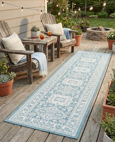 Rugs.com - Outdoor Aztec Rug – 12 Ft Runner Aqua Washable Indoor/Outdoor Rug – Flatweave Aztec Design for Patio, Deck, and Outdoor Passageways by Rugscom