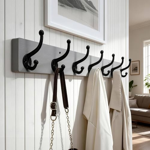 WEBI Rustic Coat Rack Wall Mount,30" Long 7 Cast Iron Coat Hooks Wall Mounted,Heavy Duty Wood Wall Coat Hanger Hooks for Hanging Coats,Jacket,Clothes,Backpack,Farmhouse,Gray - Image 3
