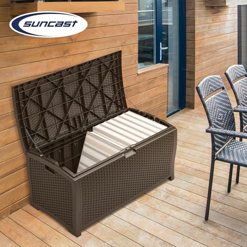 Suncast 99 Gallon Deck Garden Garage Home Wicker Resin Pool Box, Mocha (3 Pack) - Image 5