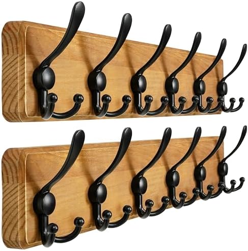 Dseap Coat Rack Wall Mounted - 24" Long 6 Tri Hooks, Heavy Duty Wooden Wall Coat Hanger Coat Hook for Clothes Hat Jacket Clothing, Weathered Brown and Black, Pack of 2 by Dseap