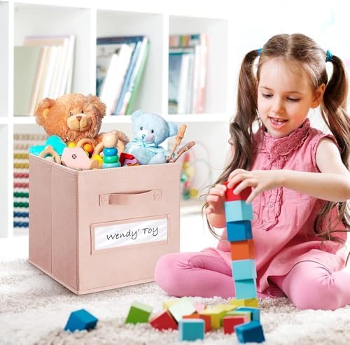 13x13x13 storage cube bins(Set of 10) Fabric storage cubes with 10 Labels Window Cards & a Pen, storage cubes 13x13, Collapsible 13 inch cube storage bins, Cubby Organizer Boxes, Pink - Image 5