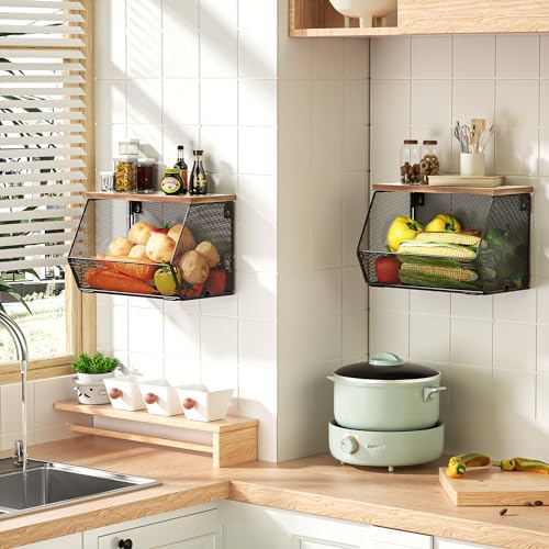 3-Pack Stackable Wire Basket with Wood Lid - Wall Mounted Fruit & Vegetable Bowl for Kitchen, Potato & Onion Storage - Image 3