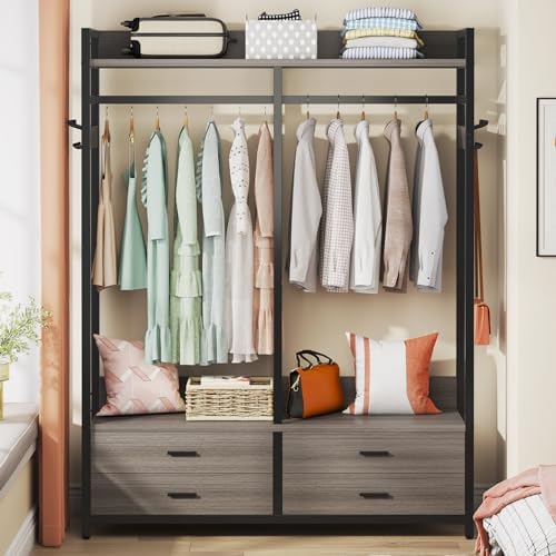 Tribesigns Freestanding Closet Organizer for Hanging Clothes, Heavy Duty Garment Rack with 4 Drawers, 8 Hooks and Storage Shelves, Wardrobe Closet Clothing Rack for Bedroom, Living Room, Grey - Image 3