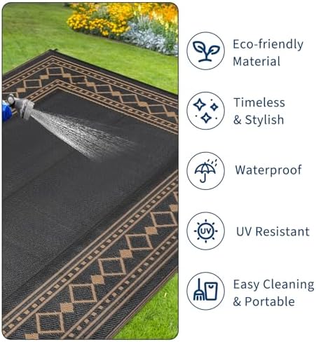 GlowSol 8x10 Waterproof Outdoor Rug Reversible Plastic Straw Area Rug, Portable RV Camping Mat for Patio Deck Backyard Porch Balcony Beach Stain Resistant Outdoor Floor Carpet for Outside, Black/Brown - Image 7