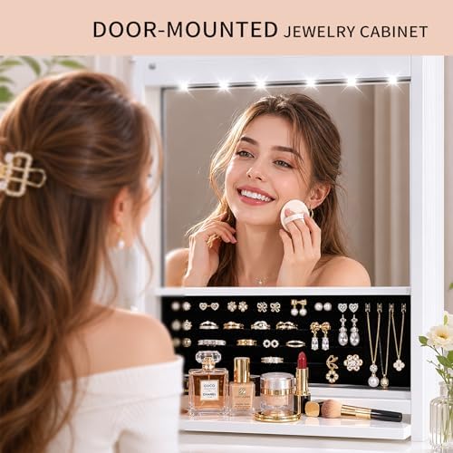 6 LEDs Mirror Jewelry Cabinet, Over the Door Jewelry Organizer with Full Length Mirror, Wall Mounted or Door Hanging Jewelry Box with Storage - Image 3