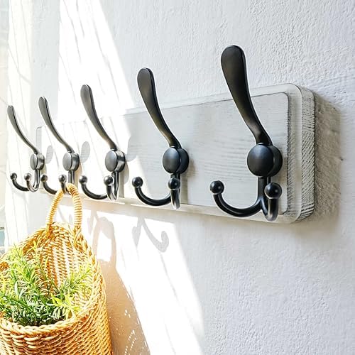 Dseap Coat Rack Wall Mounted - 5 Tri Hooks, Heavy Duty, Wooden Wall Coat Hanger Coat Hook for Clothes Hat Jacket Clothing, White & Black, Pack of 2 - Image 5