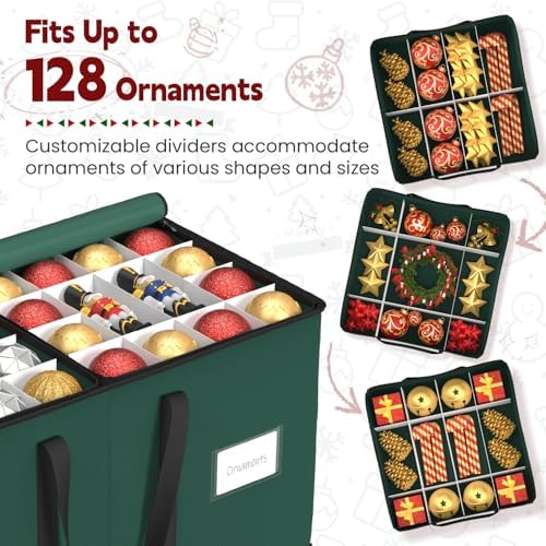 Sunvigor Christmas Ornament Storage Box with 8 Trays, Fits 128 Holiday Ornament Christmas Storage Container with Adjustable Dividers, Dual Zipper, 600D Oxford Christmas Decorations Storage(Deep Green) - Image 3