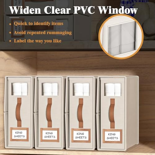 6 Pack Foldable Bed Sheets Set Organizers and Storage(King & Queen Size),Linen Fabric Closet Organizers with Window,Folding Bedding Storage Box for Bedsheets and Pillow Cube Organizer-Beige - Image 4